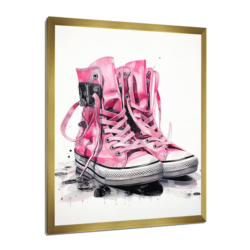 Chuk Fashion, rose, espadrilles roses, obsession III sur toile, H 20 po x l 12 po x P 1 po, Encadrement doré