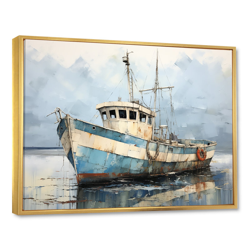 Bateau de pêche bleu et blanc - bateau côtier, art mural, H 16 po x l 32 po x P 1 po, Cadre flottant doré