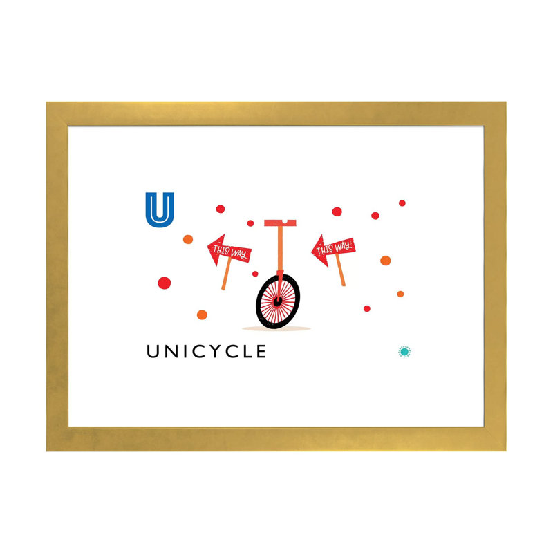«U Is for Monicycle» - Impression, Blanc, H 16 po x l 24 po x P 1 po, Papier encadré doré