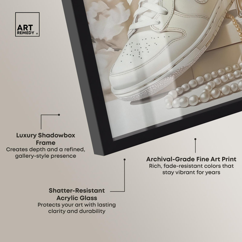 «White Sneakers and Pearls Shadowbox Print» par Art Remedy, H 13 po x l 13 po, Noir