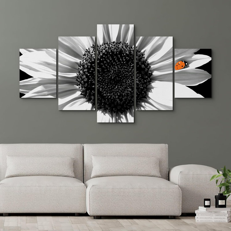 Tournesol, tournesol noir et blanc avec coccinelle, art sur toile 5 pièces