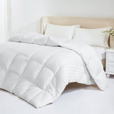 King Size Down Feather Comforter with Quality Duvet Insert, Medium Warmth & High Fill Power, Fluffy Cotton - Blend Stripe Cover with 8 Corner Tabs