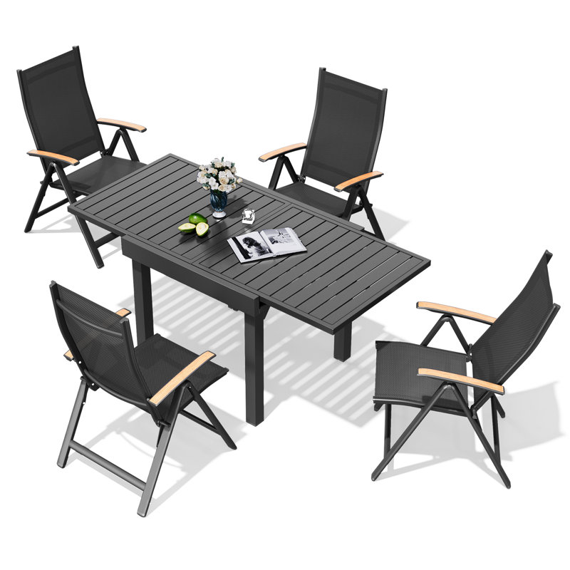 4 - Person Aluminum Patio Dining Set with Extendable Table and Folded Reclining Armchairs, 4