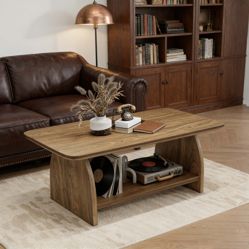 Table basse de salon moderne de 47 pouces, table basse rectangulaire à double couche avec fonction de rangement, conception de coin arrondi, matériau en bois aggloméré, convient au salon