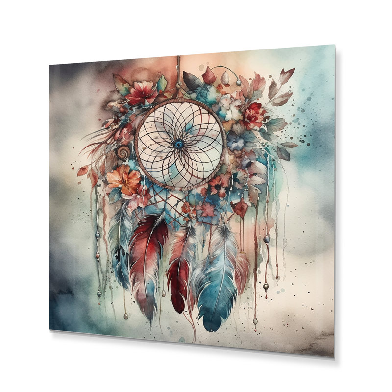 Décoration murale rose et bleue «Boho Inspiration I - Boho Feather», H 16 po x l 16 po x P 1 po