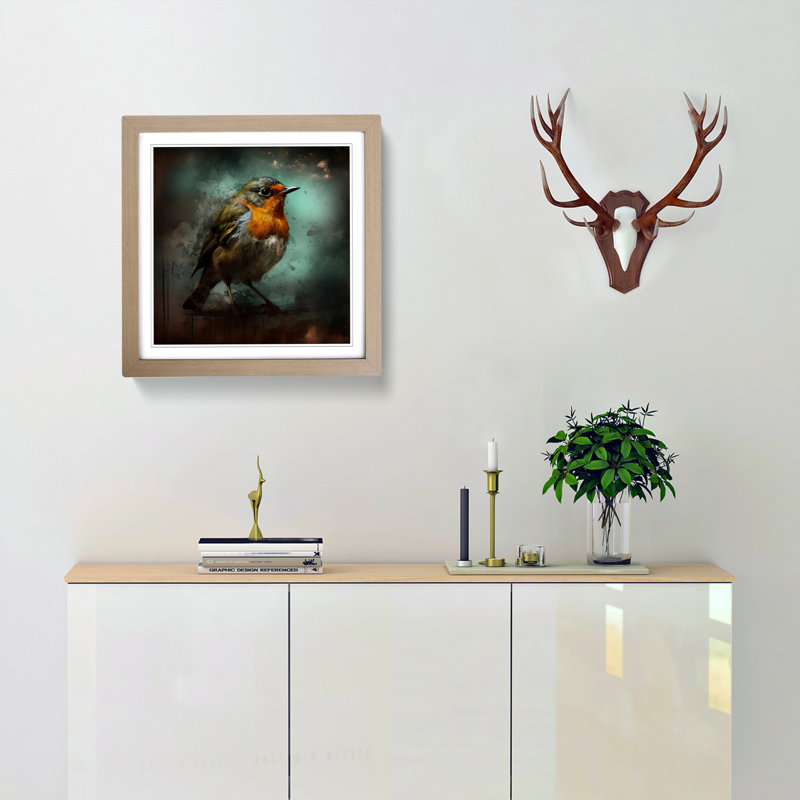 Robin Grunge - Single Picture Frame Print on Wood, Oak