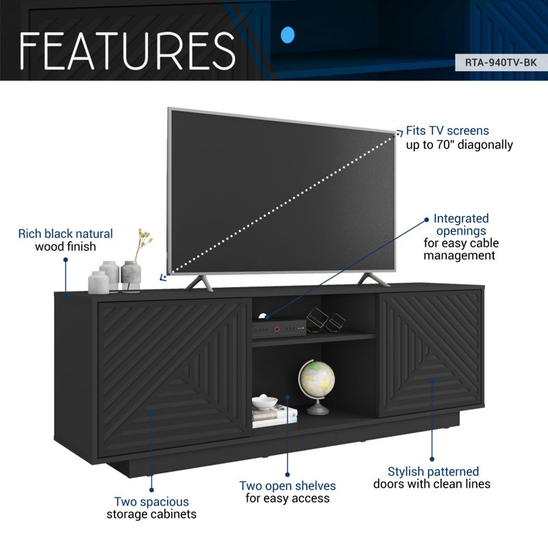 Meuble télé moderne pour téléviseur de 70 po ou moins, console média noire avec armoires de rangement et gestion des câbles