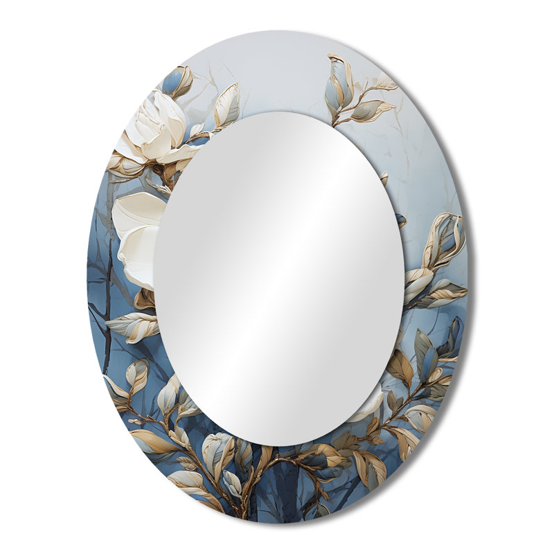 Blue And White Painted Magnolias - Large Oval Wall Mirror On Metal, 43" x 33"