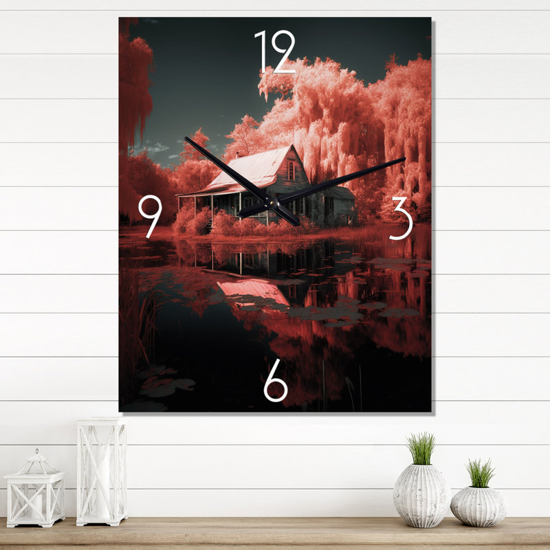 Horloge murale moderne Lakehouse rose du soleil levant, Très grand