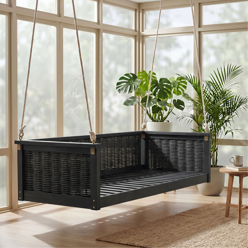 Lit balançoire double en bois massif d'extérieur classique, cadre de balançoire en rotin de jardin avec longues cordes pour la piscine, la cour arrière