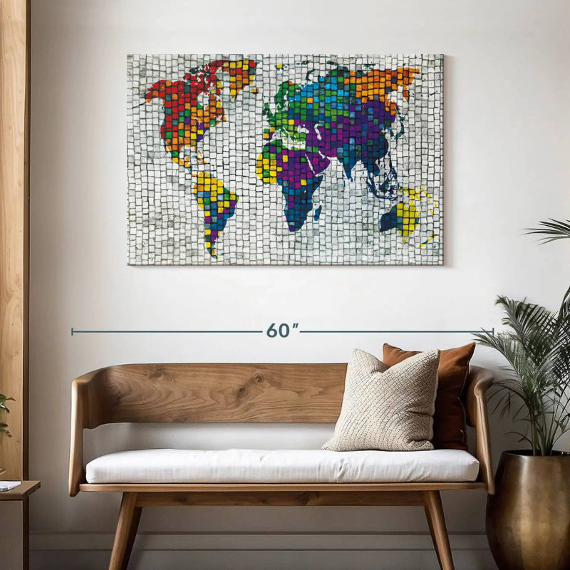 Carte du monde en mosaïque de pierre Aliaz, H 30 po x l 45 po