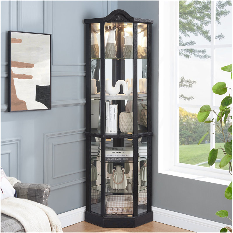 Vitrine de coin vitrée éclairée avec tablettes réglables, Black