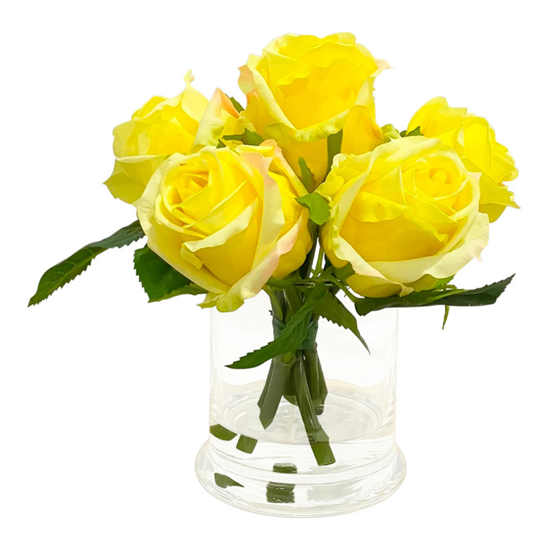 Real Touch Roses Arrangement In Glass Vase, Yellow
