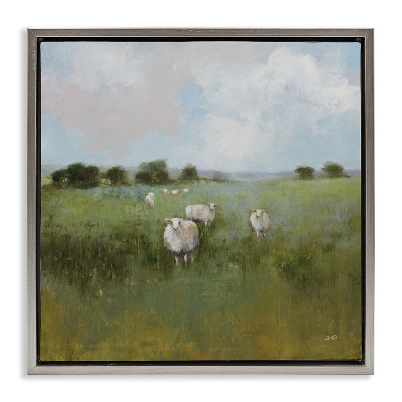 «Quiet Pasture with Sheep», art mural encadré flottant par Julia Purinton, H 25 po x l 25 po, Cadre flottant gris lustré