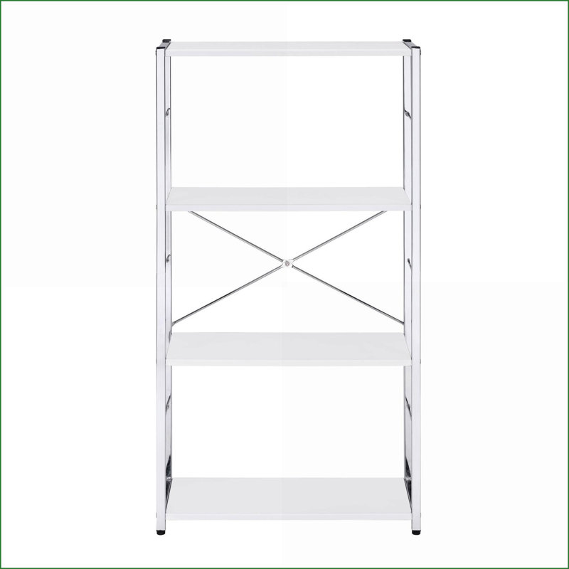 Bibliothèque moderne blanche à 4 niveaux avec cadre argent chromé | Bois et métal | Ouvert à l'arrière