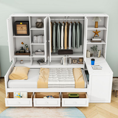 2 Drawers Wood Daybed with Built-in Desk and Shelves