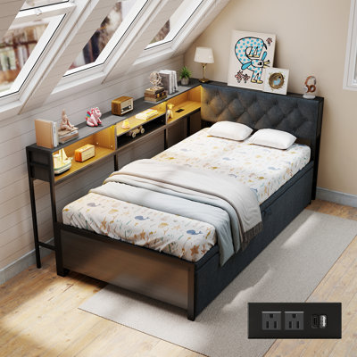 Lit de jour double en forme de L avec lit gigogne escamotable, cadre de lit de coin avec étagères, station de recharge et éclairage DEL, canapé-lit gain de place pour chambre d'enfant ou chambre d'amis