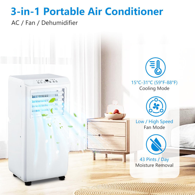 Climatiseur portatif 10000 BTU, climatiseur 3 en 1 avec télécommande, minuterie 24 heures, rafraîchit jusqu'à 450 pieds carrés, faible bruit, économie d'énergie, parfait pour la chambre à coucher ou le bureau