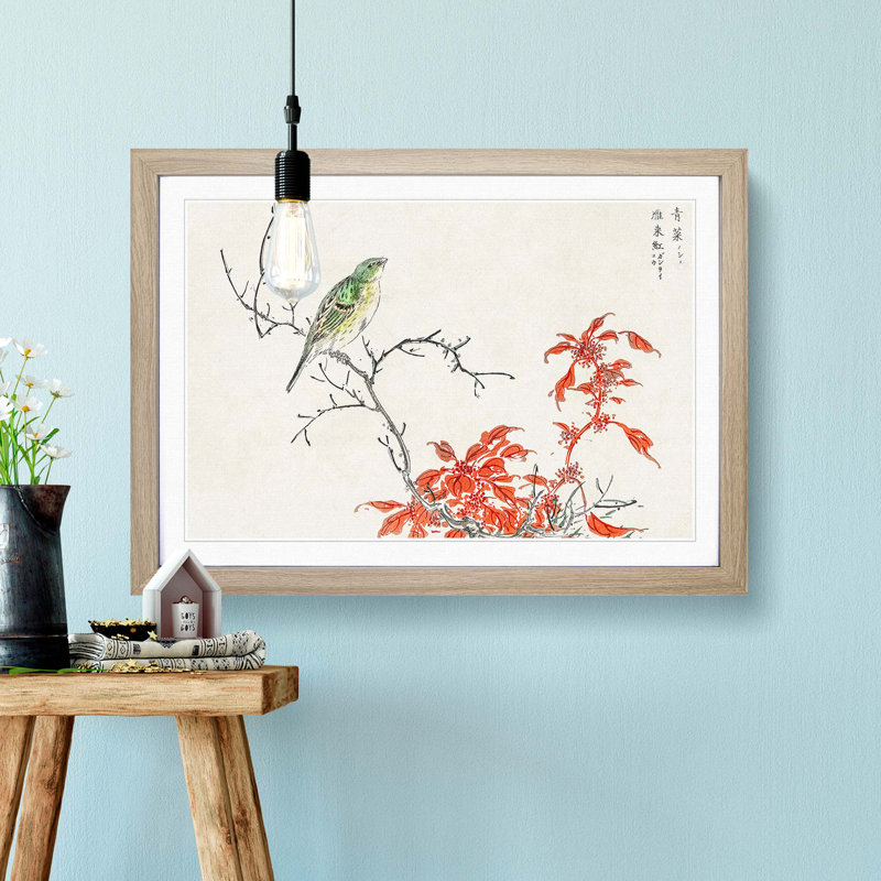 Bunting Bird & Orange Flowers by Numata Kashu - Picture Frame Art Print, 27cm H x 36cm W x 2cm D, Oak Framed