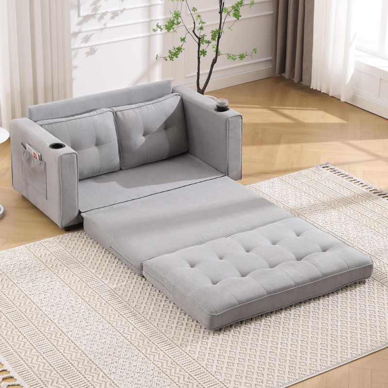  Upholstered Tufted Folding Loveseat Sofa Bed with Cup Holders & Side Pockets, Light Gray