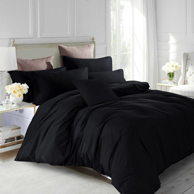 Marnisha Microfiber Solid Colour Duvet Cover Set with Pillowcases, Double Duvet Cover Set +2 Pieces Included, Black
