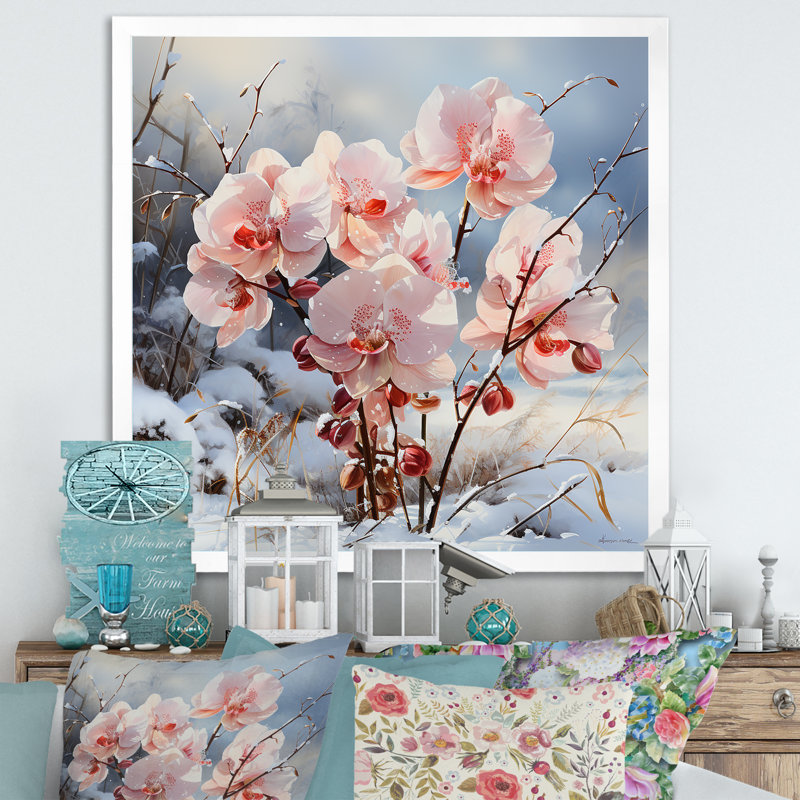 Charme d'orchidées roses en hiver, H 30 po x l 30 po x P 1 po, Cadre simple blanc