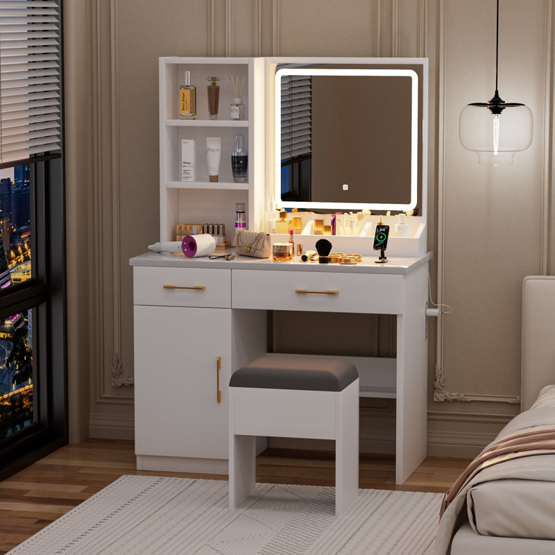 Coiffeuse 32 po avec miroir éclairé et prise de courant, coiffeuse avec tabouret rembourré