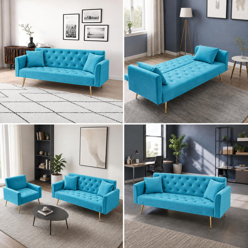 71 " Velvet Sofa Bed, Light Blue