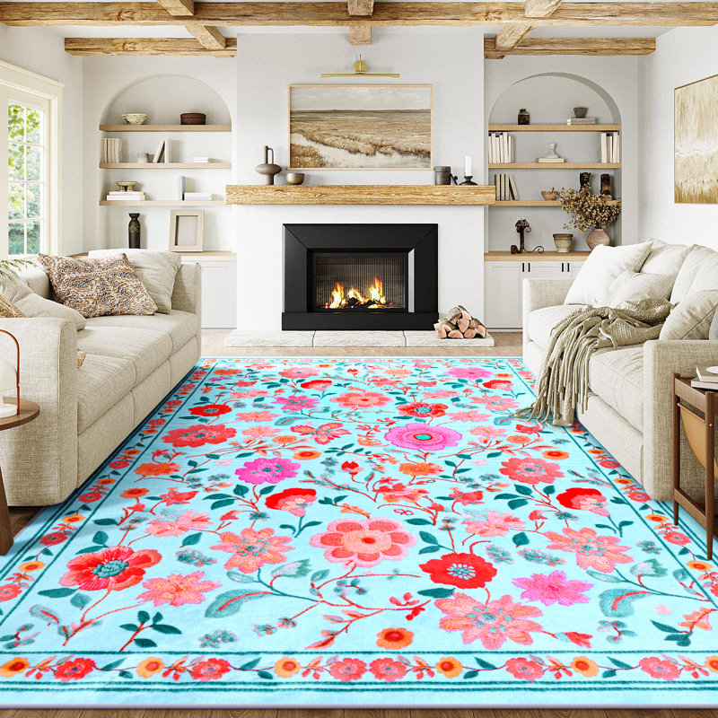 Large Floral Living Room Rug Washable Bedroom Rug Non-Slip Colorful Vintage Accent Floor Carpet For Home Decor
