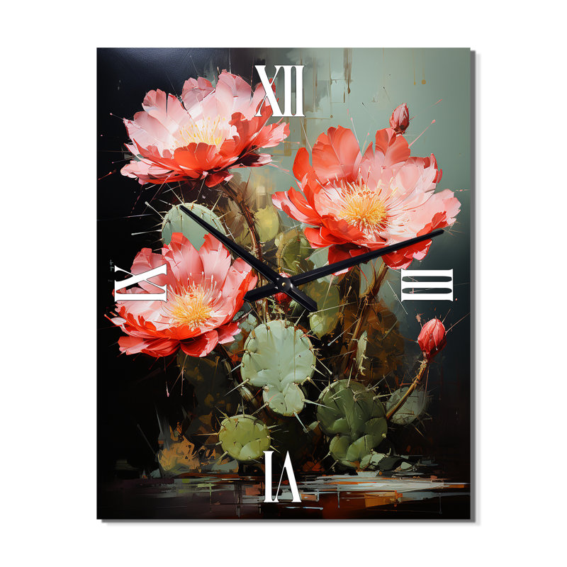 Cactus Ruby Blooms I - Horloge murale moderne Cactus, Très grand