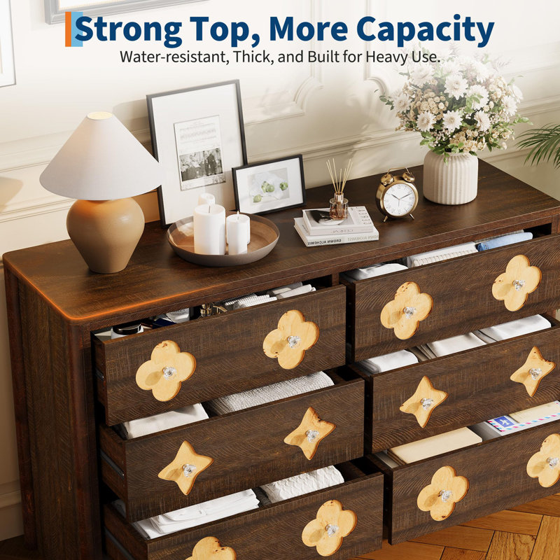 Commode 6 tiroirs 47,2 po avec boutons en cristal, Noyer