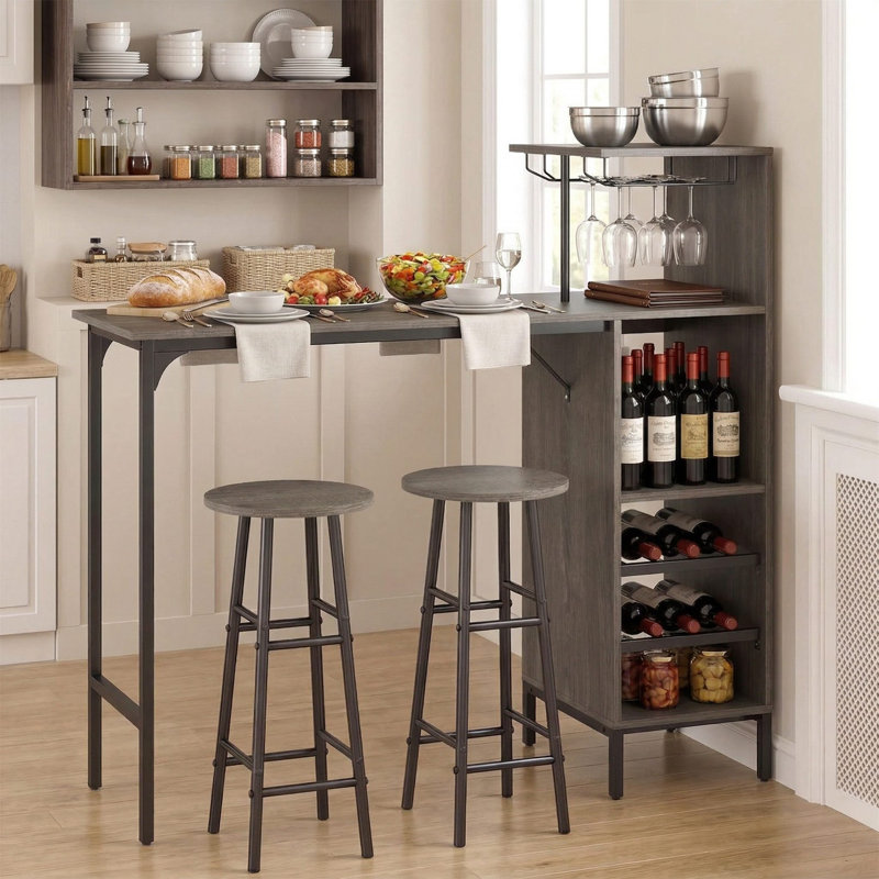 Ensemble de table de bar et de chaise de salle à manger 3 pièces à hauteur de comptoir, support à vin spécialisé pour 6 bouteilles intégré, tablettes de rangement extra ouvertes