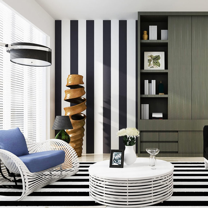 Elegant Wide Stripes Peel and Stick Wallpaper, Black/White