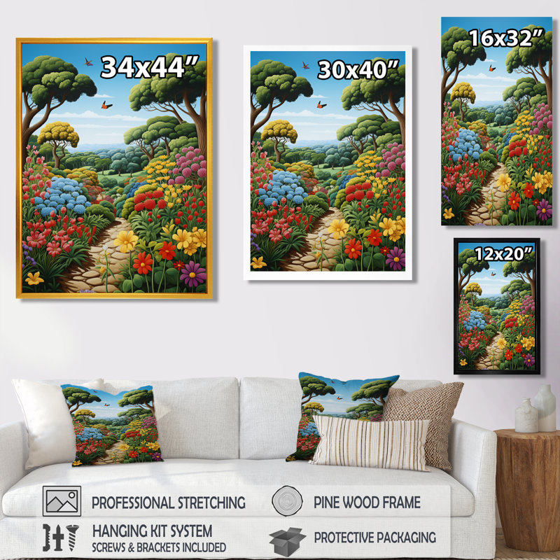 Chemin de campagne à travers un champ de fleurs en fleurs - campagne, art mural salon, Toile avec cadre flottant noir