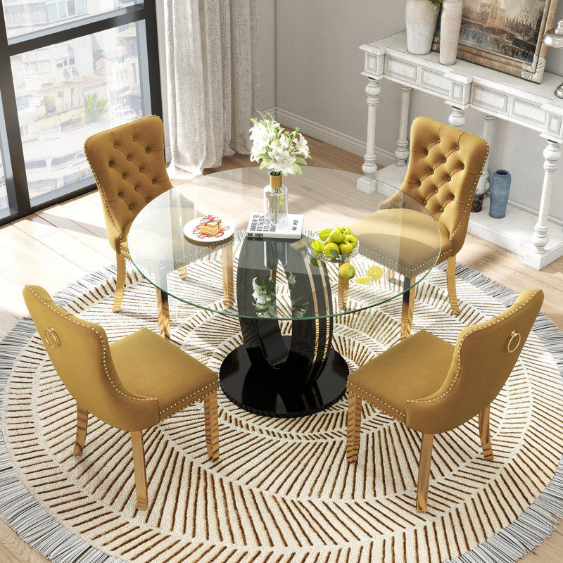 Ensemble de table de salle à manger haute brillance ronde avec 4 chaises de salle à manger en velours, Jaune