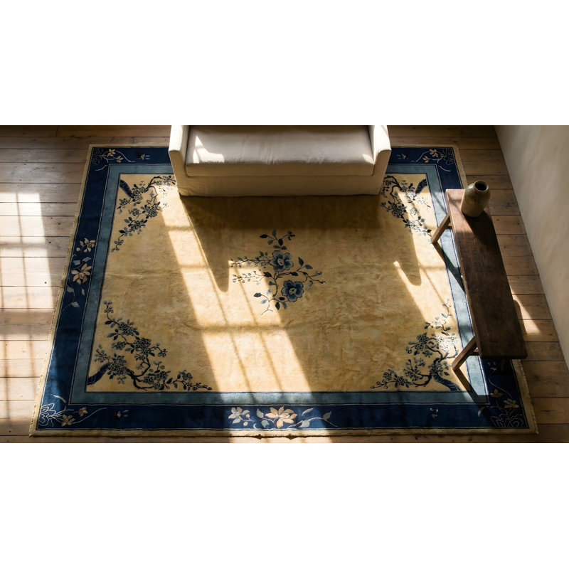 Wool Antique 1920s Blue Ivory Beige Cream White Rectangle Hand Knotted Pile Rug