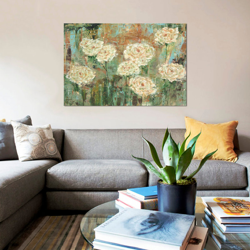 «White Roses», reproduction sur toile, H 26 po x l 40 po x P 1,5 po, Pas de tapis, Toile tendue