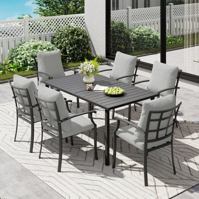 Maynard 7-Piece Black Metal Patio Dining Set With Rectangular Table And Gray Cushions