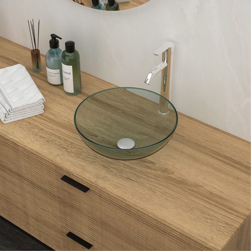 Lavabo de salle de bain en verre trempé avec robinet chromé et drain escamotable, transparent