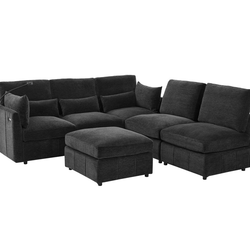 Black Chenille 85.4" Sectional With Movable , Two Charging Ports, Phone Holder, And Soft Seating Experience Multi - Functional L Shaped Modular Built In Comfortable Lumbar Support Material