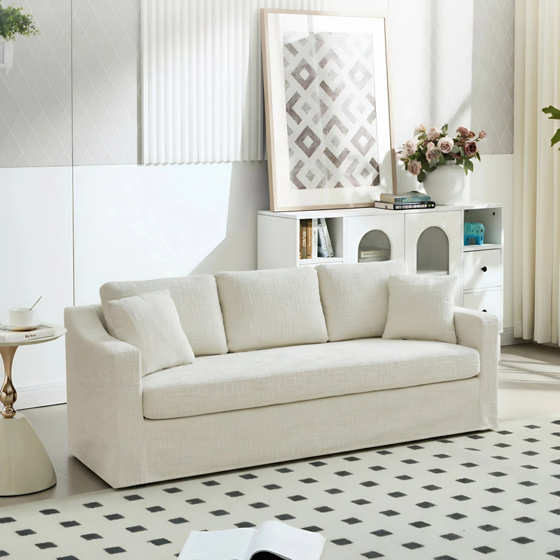 84"W 3-Seats Slipcovered Sofa With 2 Pillows, Beige