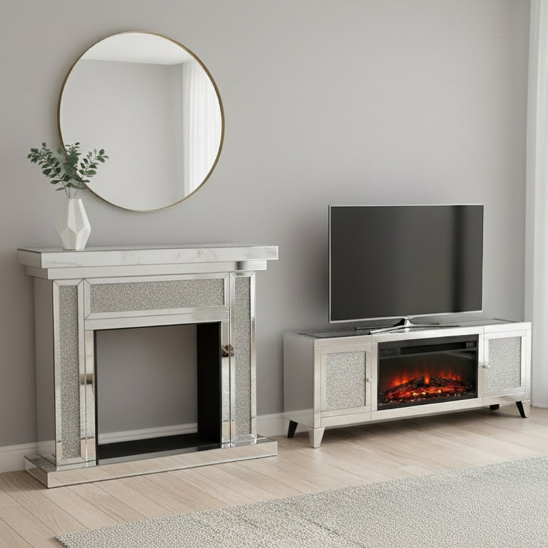 Tall Mirrored Silver Fireplace Tv Stand For 65 Inch Tvs And 46.06"*12.59" Mirror Fireplace Mantel Surround