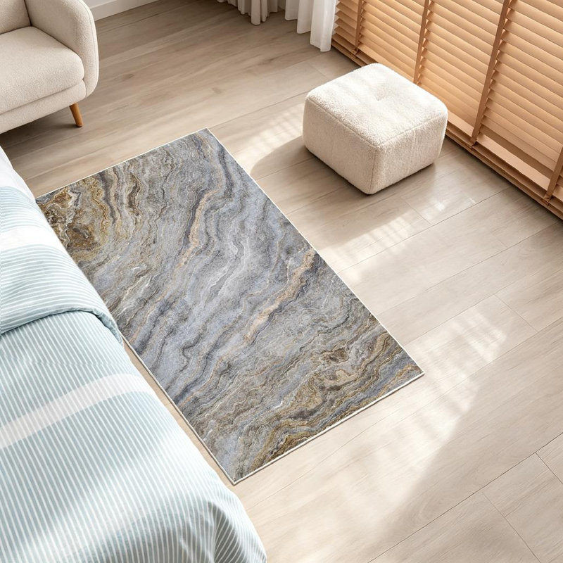 Magnifique tapis intérieur doré lavable à la machine, en marbre gris bouclé avec motif abstrait En Agate