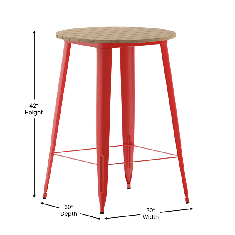 Greory Round Commercial Indoor/Outdoor Poly Bar Top Restaurant Table with Steel Frame, 30" W x 30" L, Brown Top/Red Base
