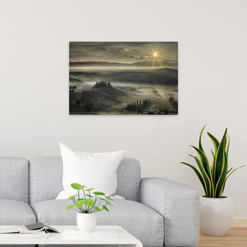Lever du soleil sur les collines brumeuses, paysage de cyprès paisible et serein, affiche murale nature, H 24 po x l 36 po