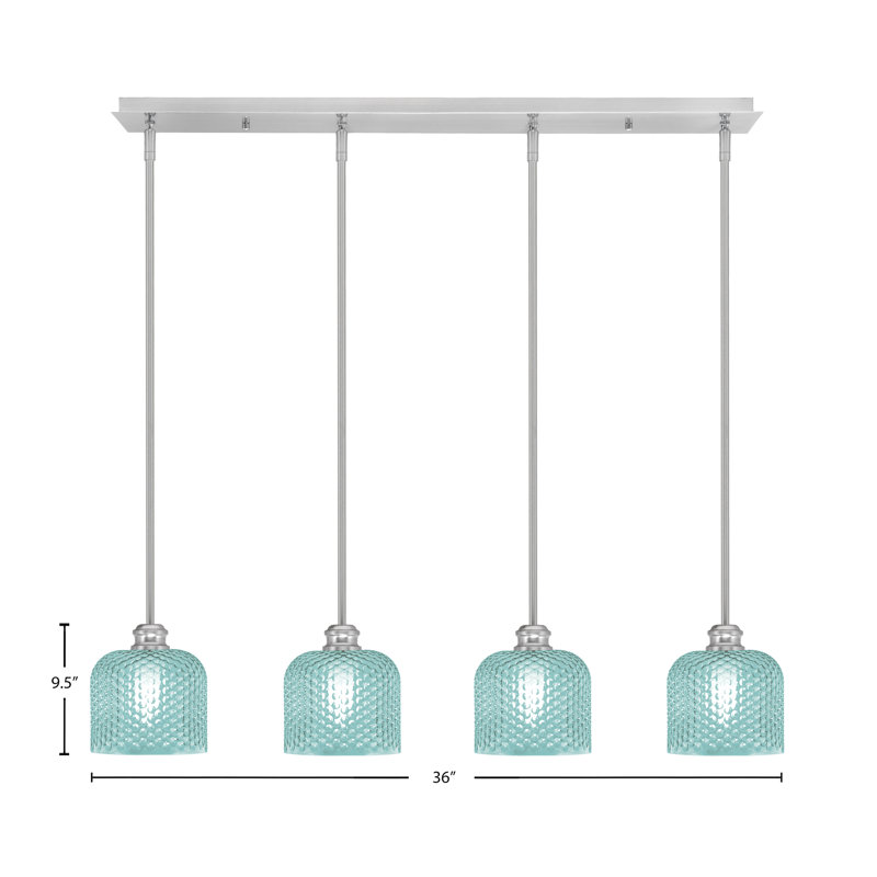 Luminaire suspendu linéaire 4 lumières Edge avec verre texturé 6 po Edge, Nickel brossé, Turquoise texturé
