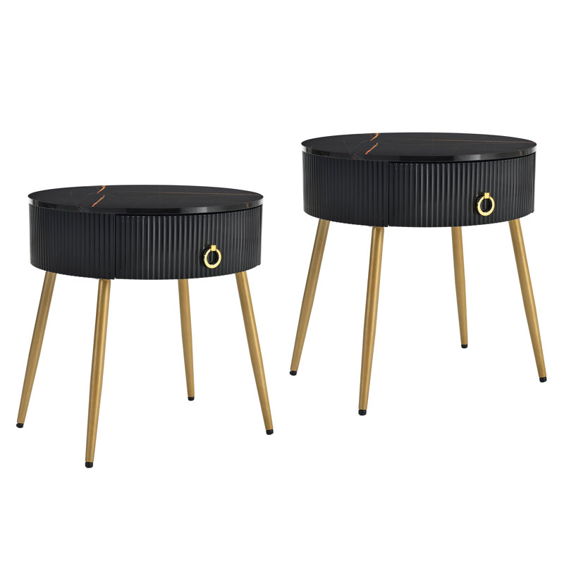 Easy Assembly End Tables with High Gloss Faux Marble Tabletops, Set of 2, Modern Fluted 2 Side Tables with Drawers, Round Coffee Tables with Golden Legs for Living Room
