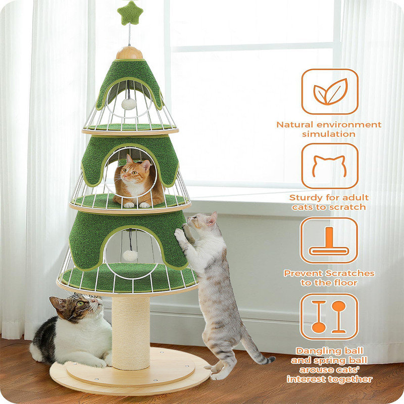 Grattoir pour chat, grande planche à griffer pour arbre de Noël avec tiges de grattage en sisal naturel et boule de jouet interactive pour chatons et chatons