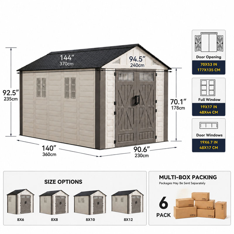 Abri de jardin Edrosie Inc 8x12 pi en résine avec fenêtres, 8×12FT