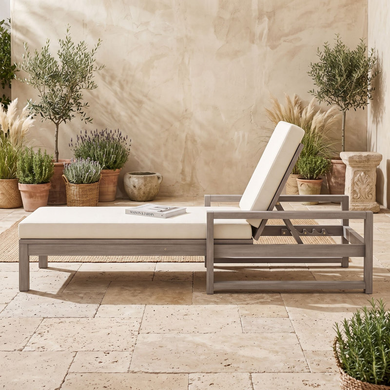 Chaise longue d'extérieur en bois avec coussins et dossier réglable, Gris